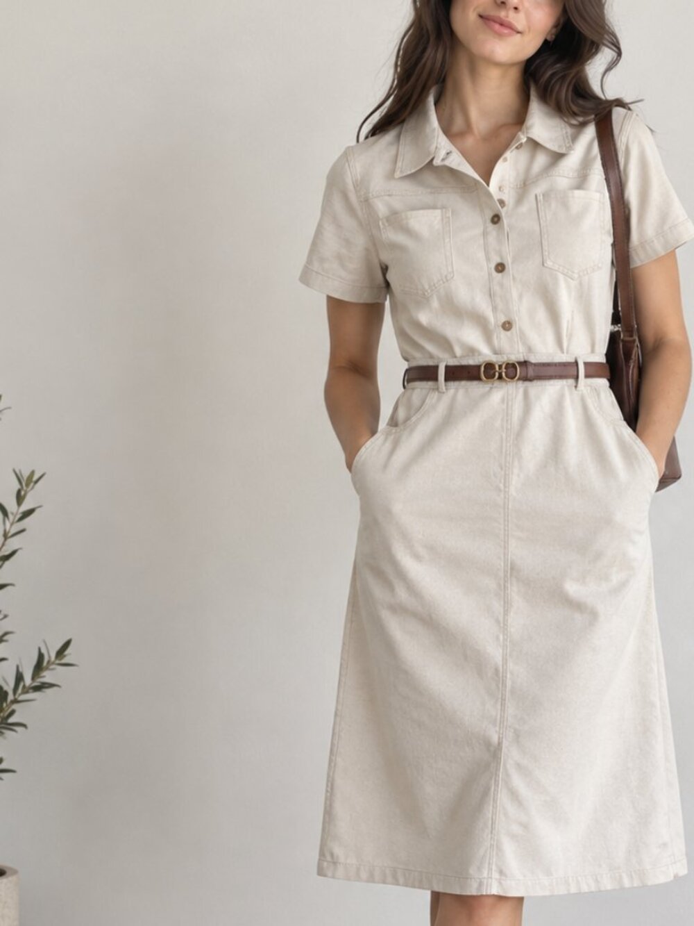 Beige/Cream Belted Shirt Dress